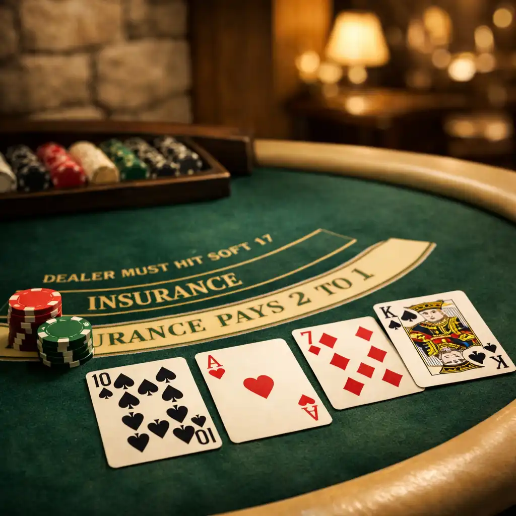 Blackjack table with curved edge, playing cards, and chips in a warm, dimly lit room