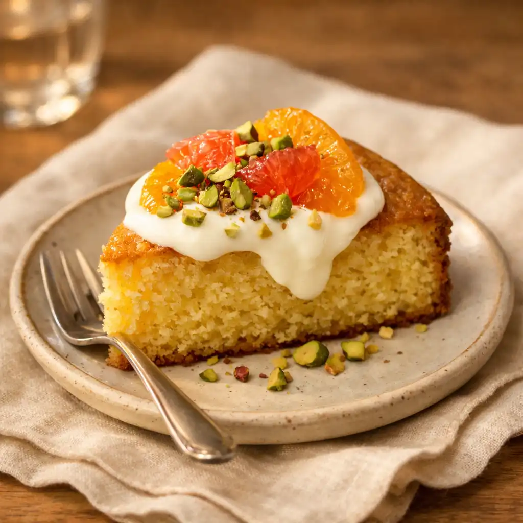 Olive oil cake with citrus, yoghurt cream, and pistachios