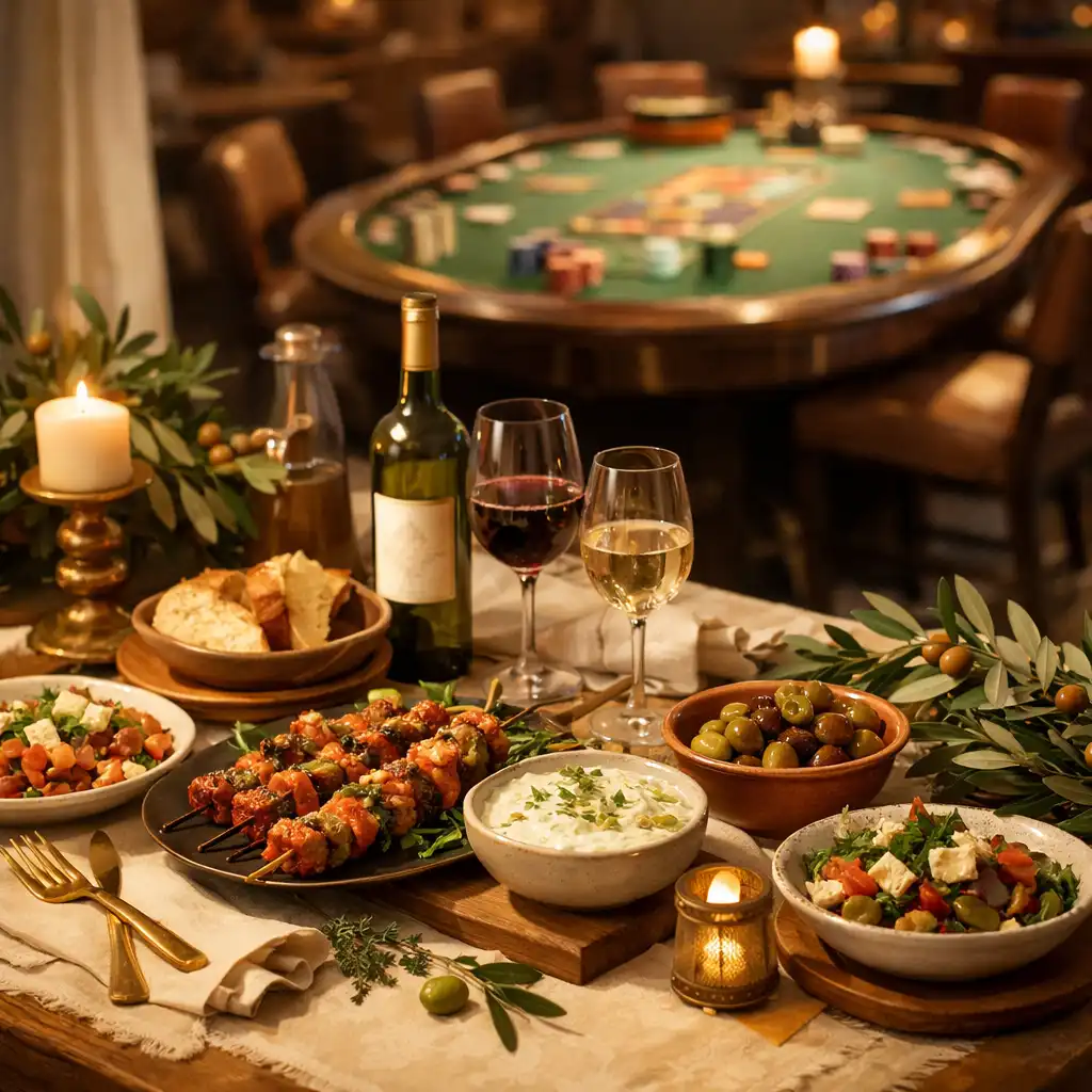 Beautifully set Mediterranean dining table with wine glasses and olive branches, with a subtle gaming table in the background