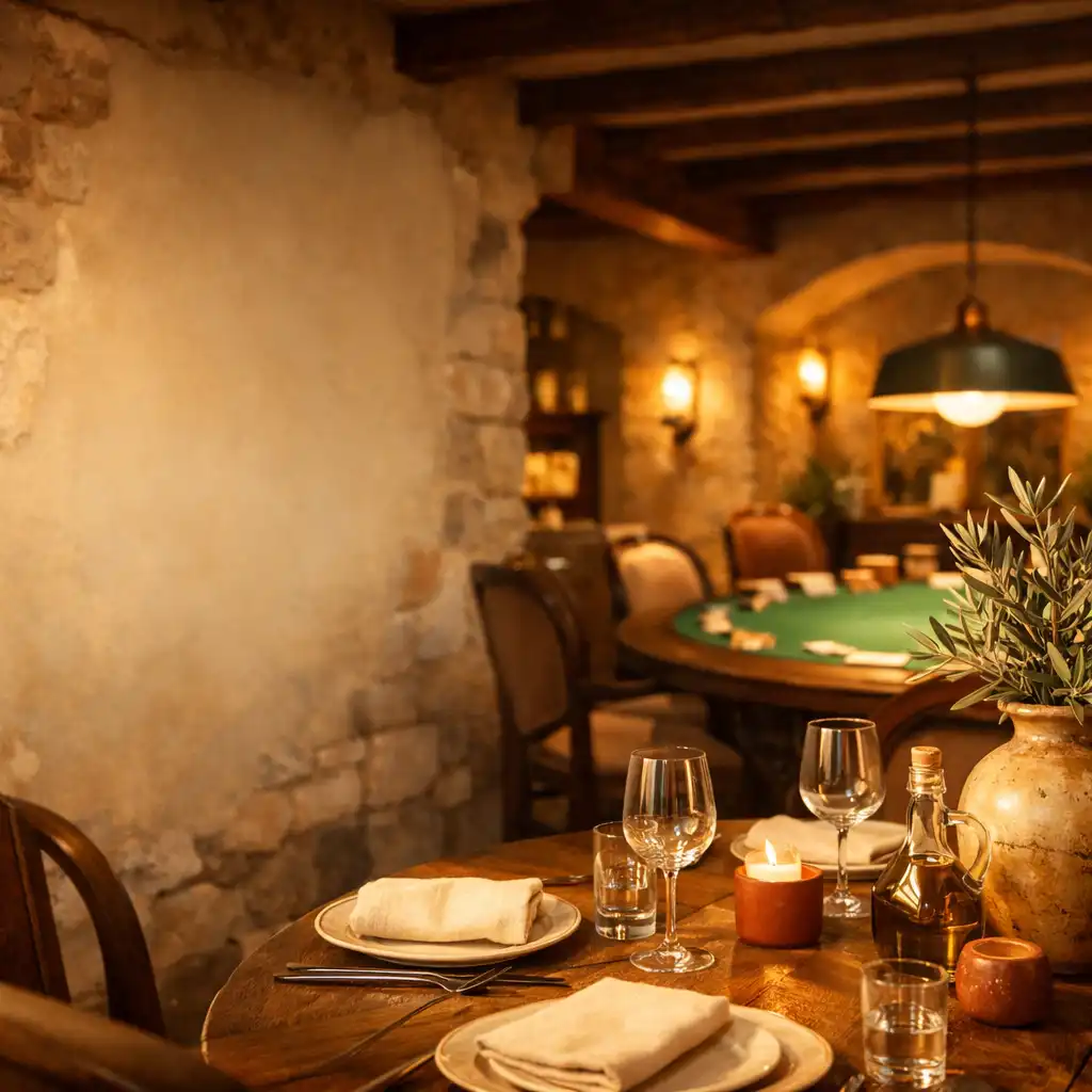 Sunlit Mediterranean restaurant interior at dusk with a softly lit poker table in the background