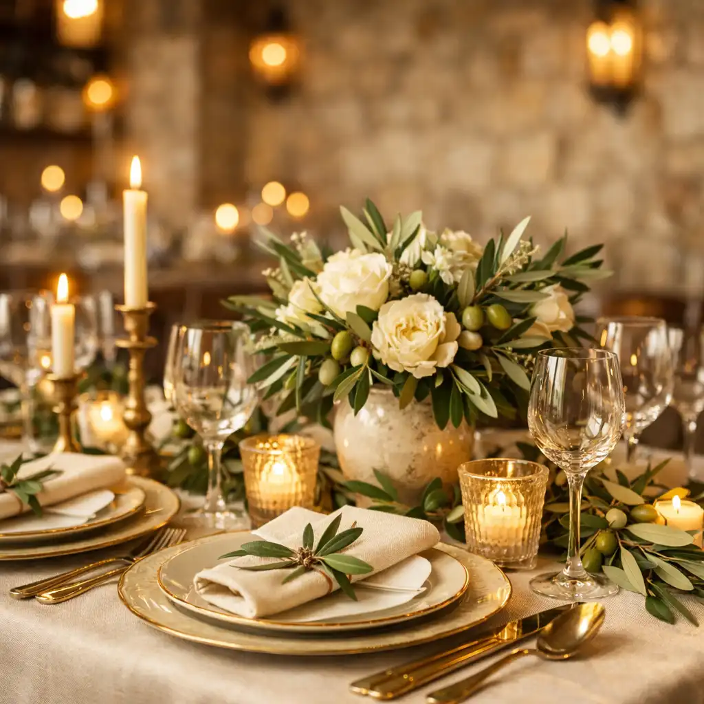 Beautifully set event table with candles, floral arrangements, and olive branches in a warm dining room