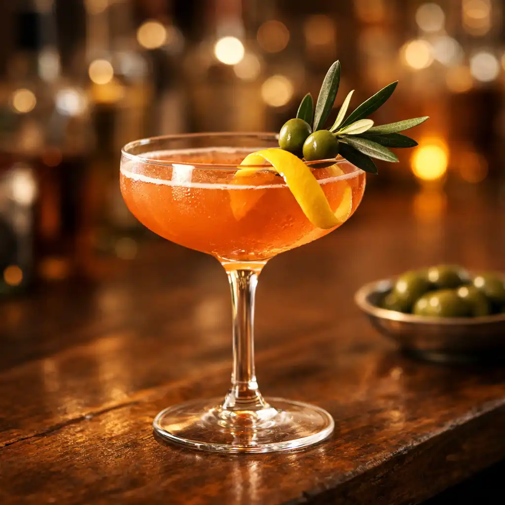 Signature Mediterranean cocktail in a coupe glass with citrus twist and olive branch garnish on a wooden bar