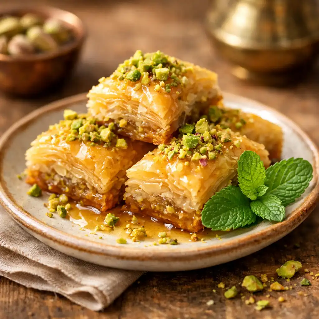 Honey-drizzled baklava with crushed pistachios and a sprig of fresh mint on a small ceramic plate