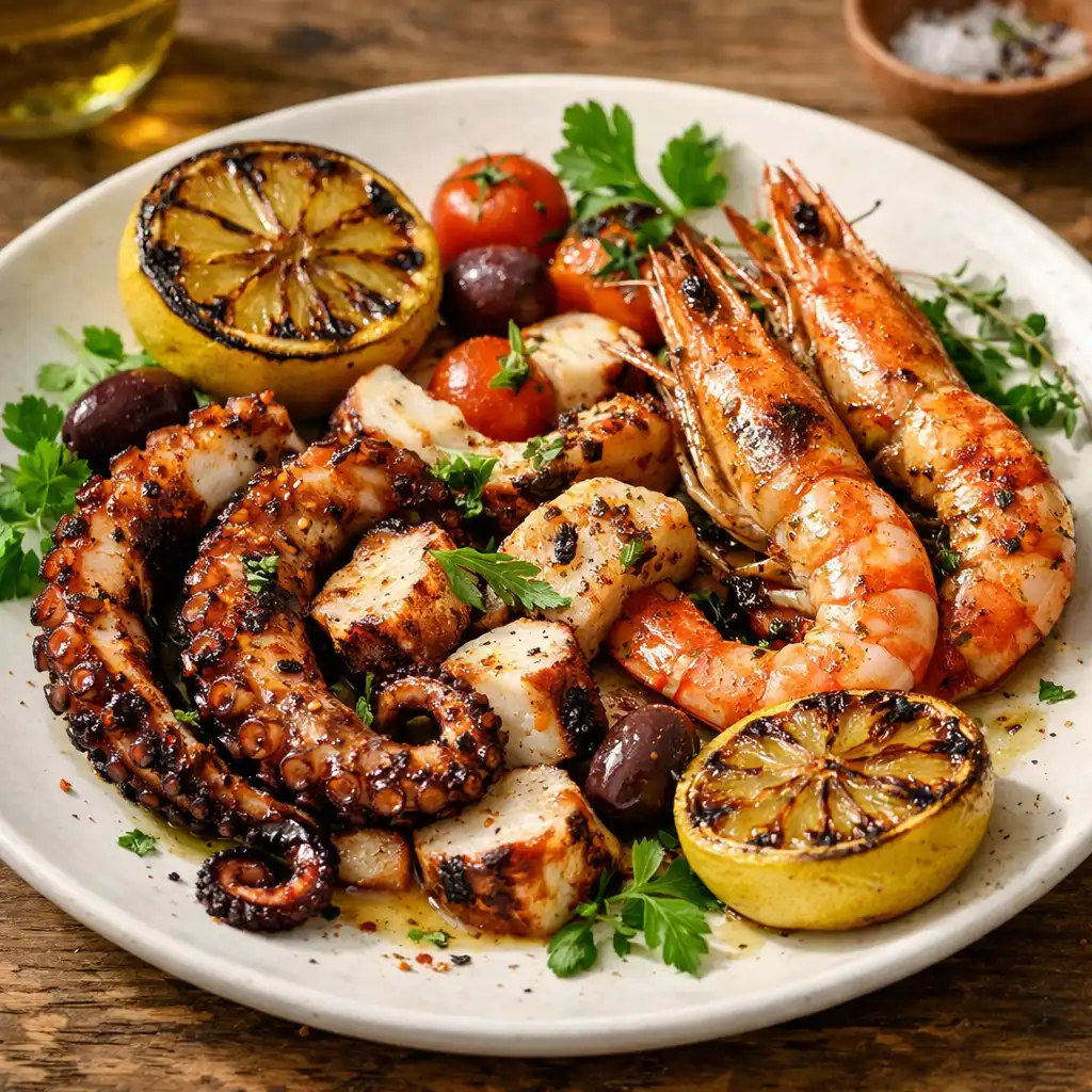 Grilled seafood dish with octopus and prawns, charred lemon halves, and fresh herbs on a white plate