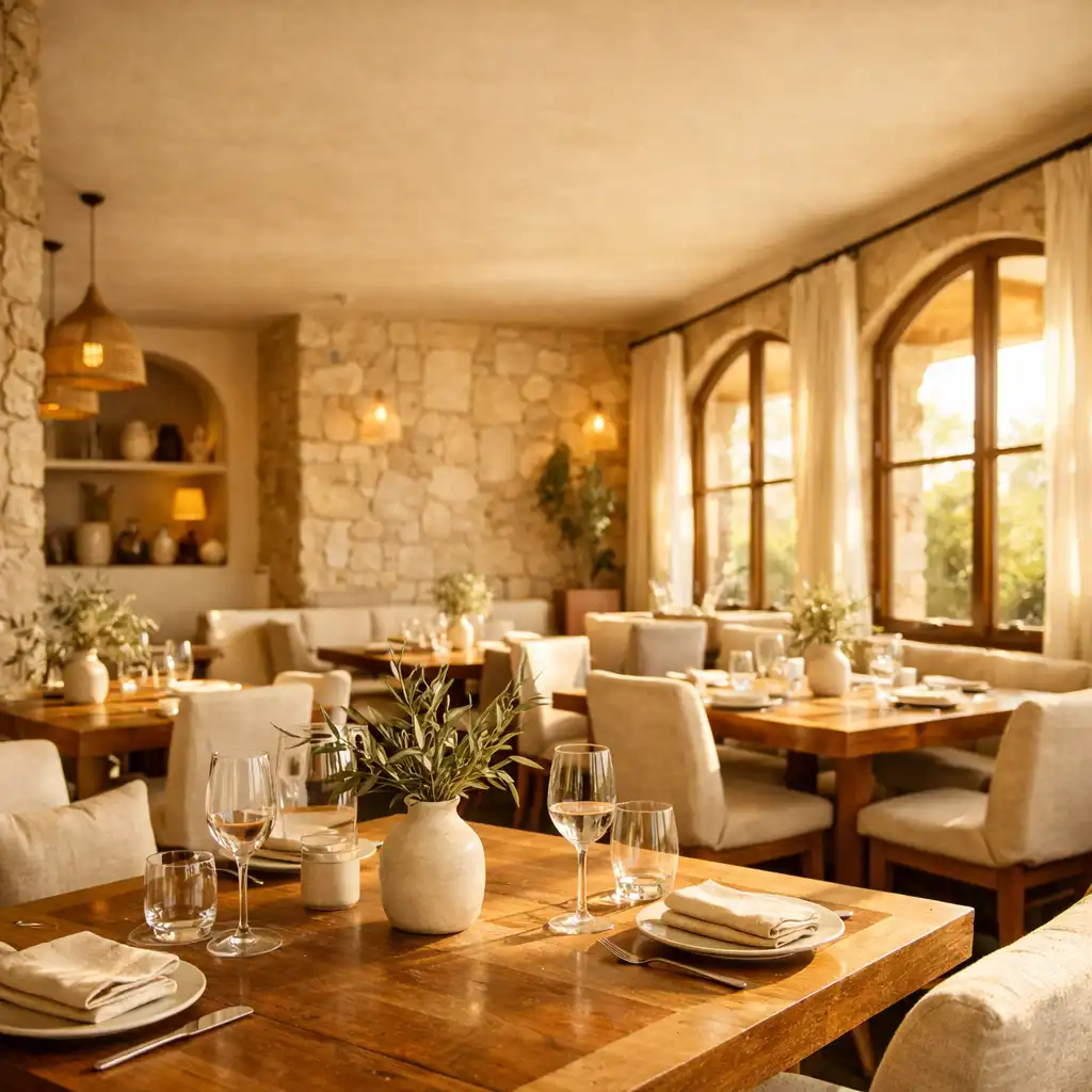 Sunlit Mediterranean dining room with timber tables, stone walls, and olive branches in ceramic vases
