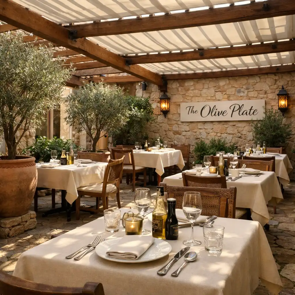 Interior terrace with stone floor, timber beams, potted olive trees, and tables set with cream linens