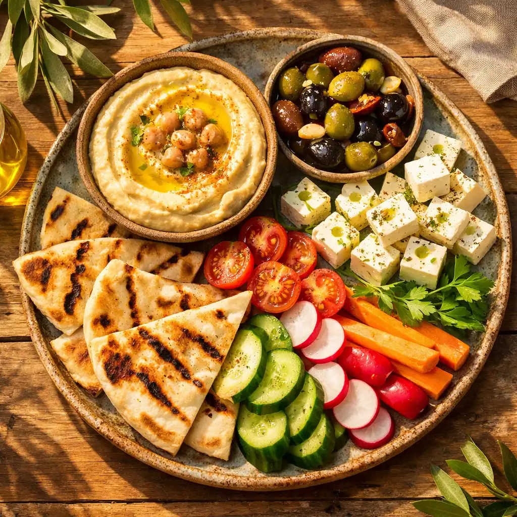 Rustic ceramic platter with hummus, marinated olives, feta, grilled pita, and fresh vegetables