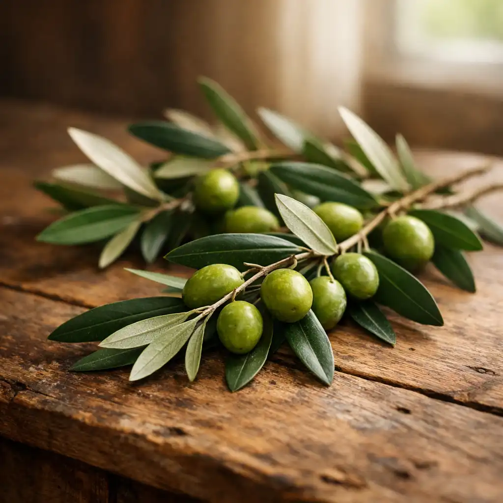 Close-up of fresh olive branches with green leaves and small olives on a rustic wooden table