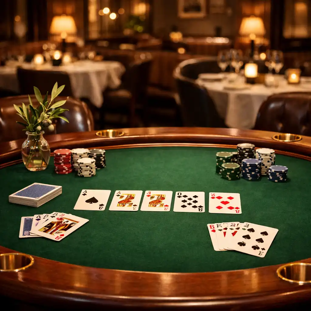 Elegant poker table with green felt, wooden rim, gold accents, cards and chips neatly arranged