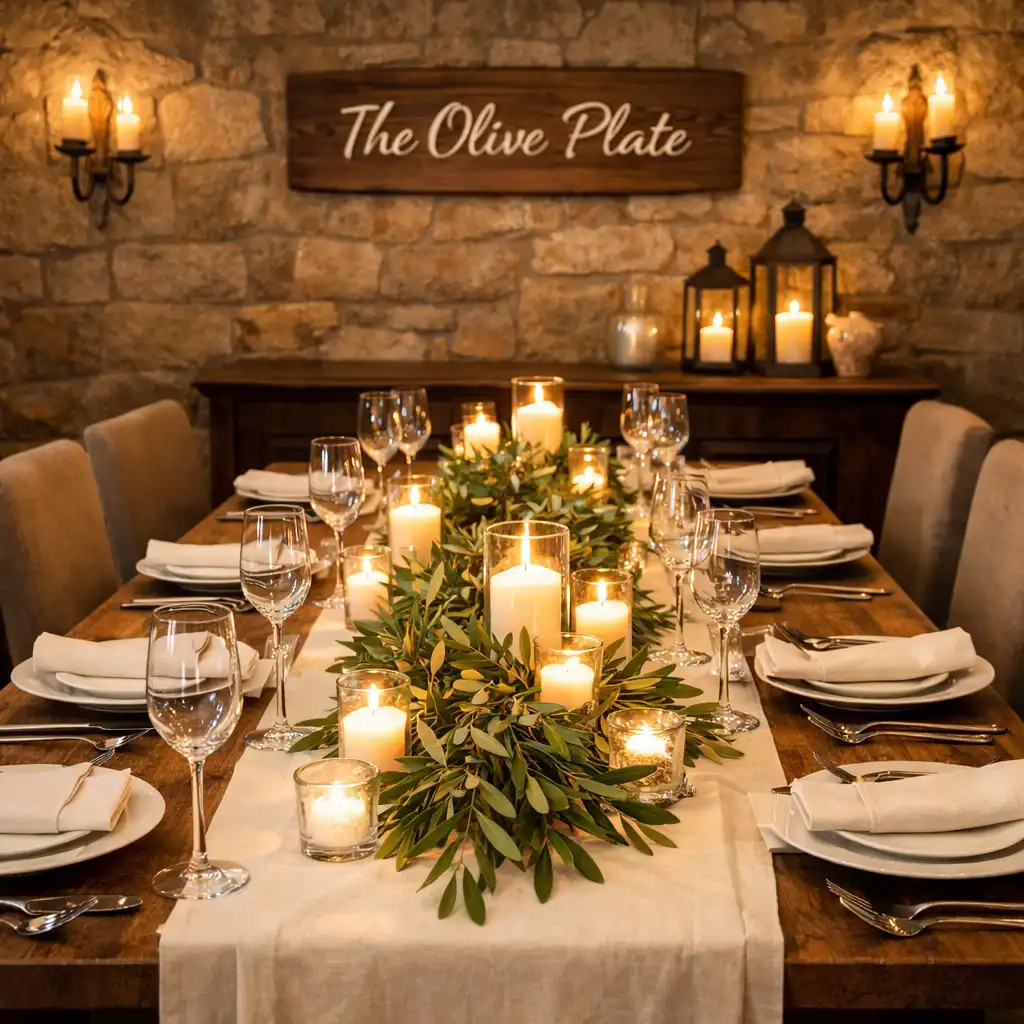 Private dining room with a long wooden table, cream linens, candles, and olive branch centerpieces