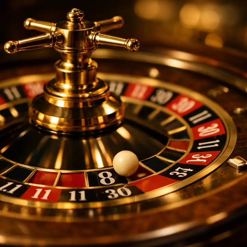 Close-up of a roulette wheel on a wooden table with the ball resting on a number