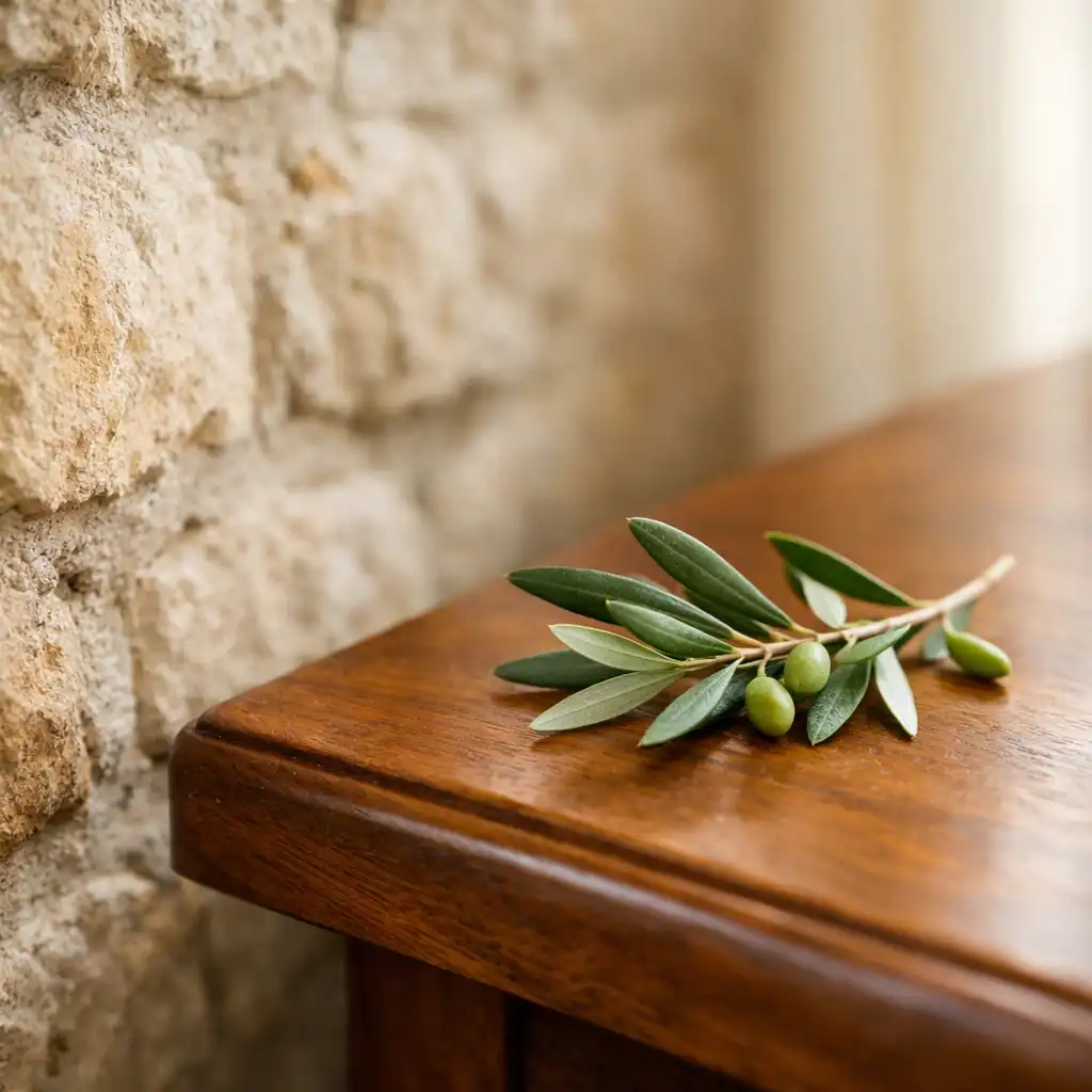 Close-up of stone wall texture beside a polished timber table edge with a small olive branch