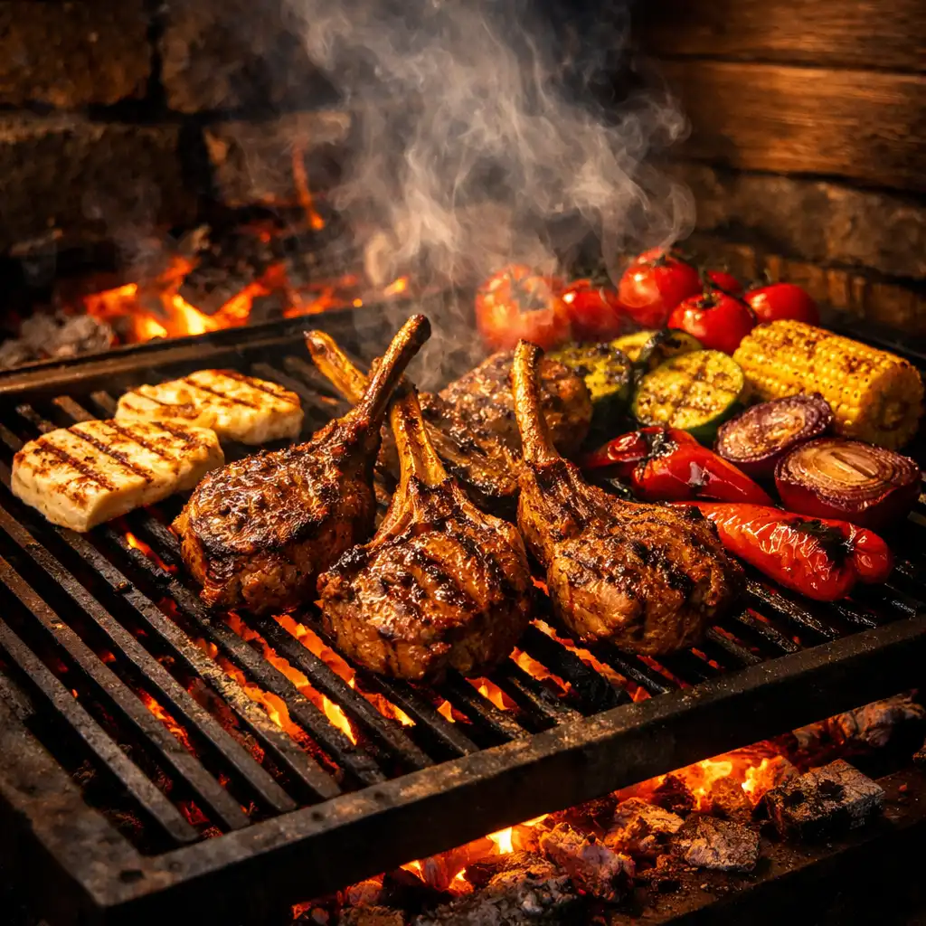 Wood-fired grill with lamb cutlets, halloumi, and charred vegetables
