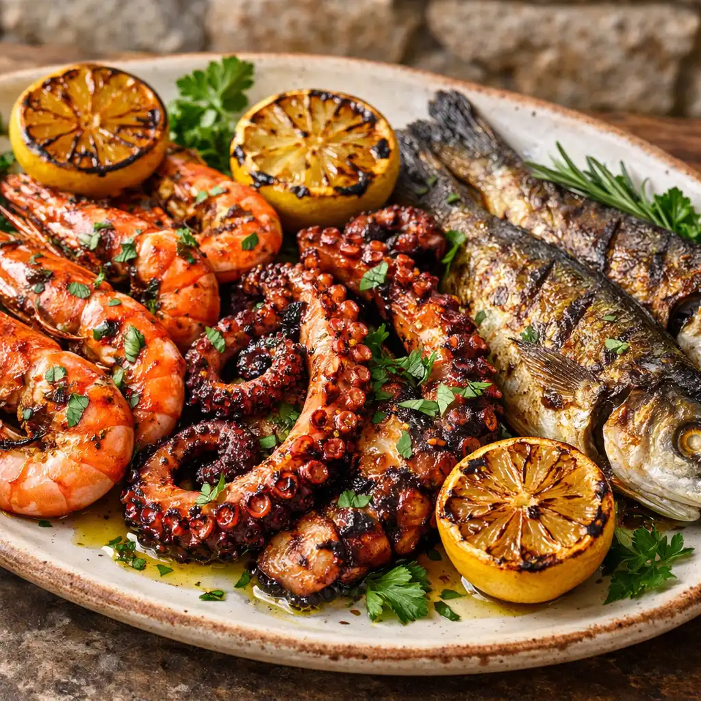 Platter of grilled prawns and fish with charred lemon and herbs