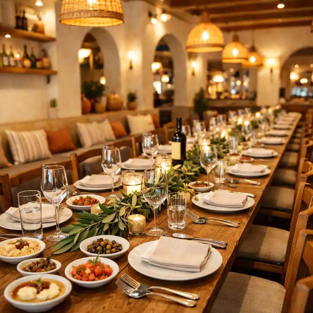 Long group table set with small plates, wine glasses, and olive branch decorations