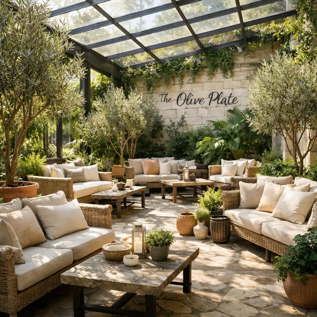 Interior terrace filled with potted olive trees and sunlight