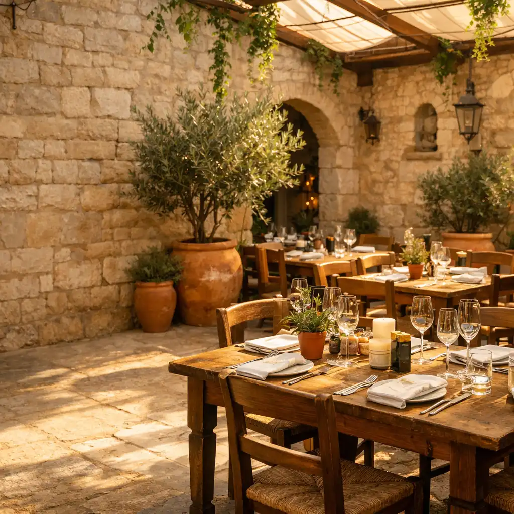 Sunlit Mediterranean courtyard dining area with stone walls, timber tables, and olive branches