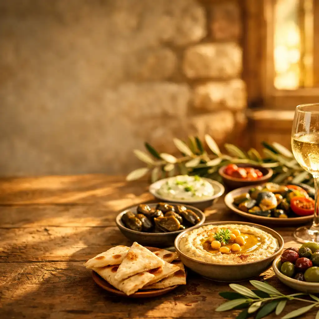 Sunlit Mediterranean table spread with mezze, olive branches, and a glass of wine