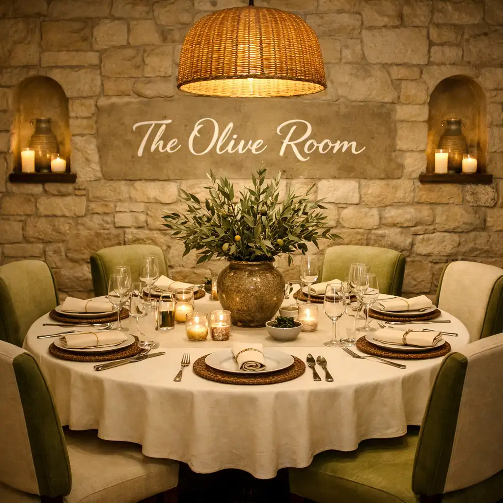 The Olive Room private dining room with a round table, upholstered chairs, and olive branch centerpiece