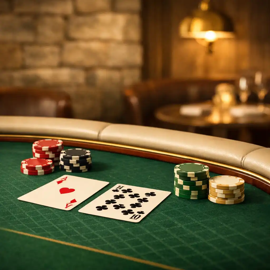 Close-up of a poker table with green felt, chips, and playing cards in an elegant setting