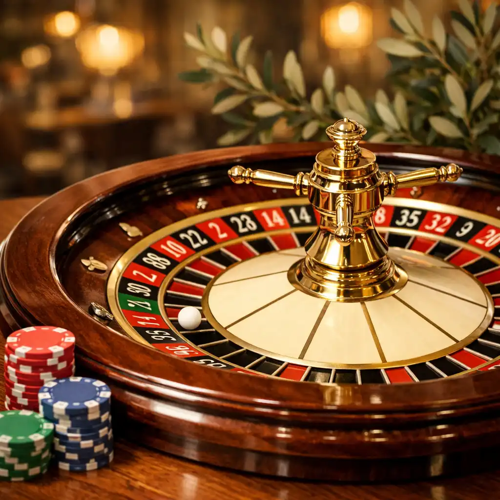 Roulette wheel on a wooden table with chips, warm restaurant lighting behind