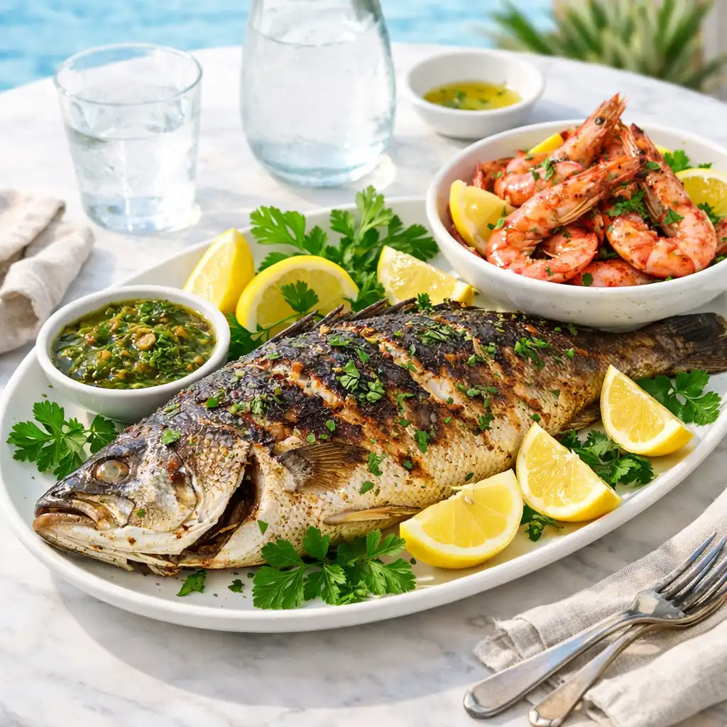Whole grilled barramundi with lemon, salsa verde, and prawns