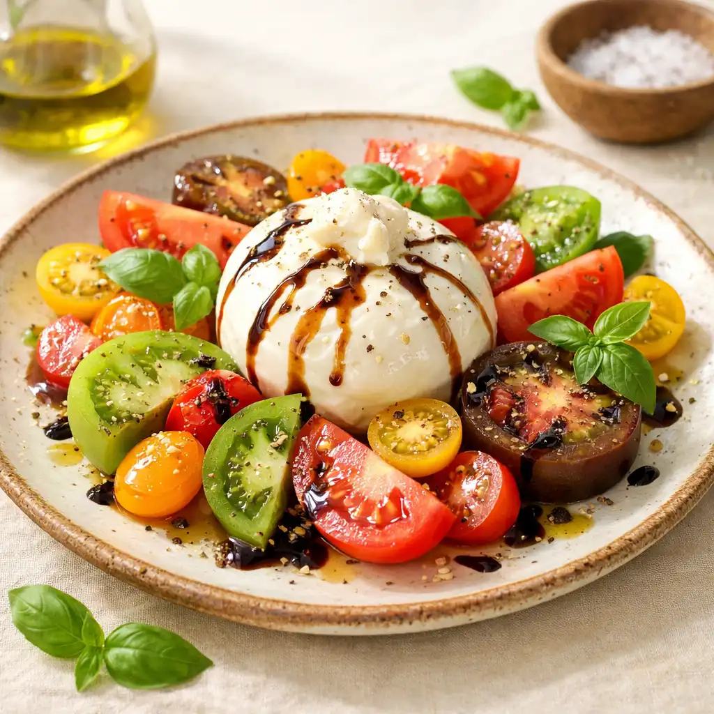 Seasonal vegetable dish with heirloom tomatoes, burrata, and basil
