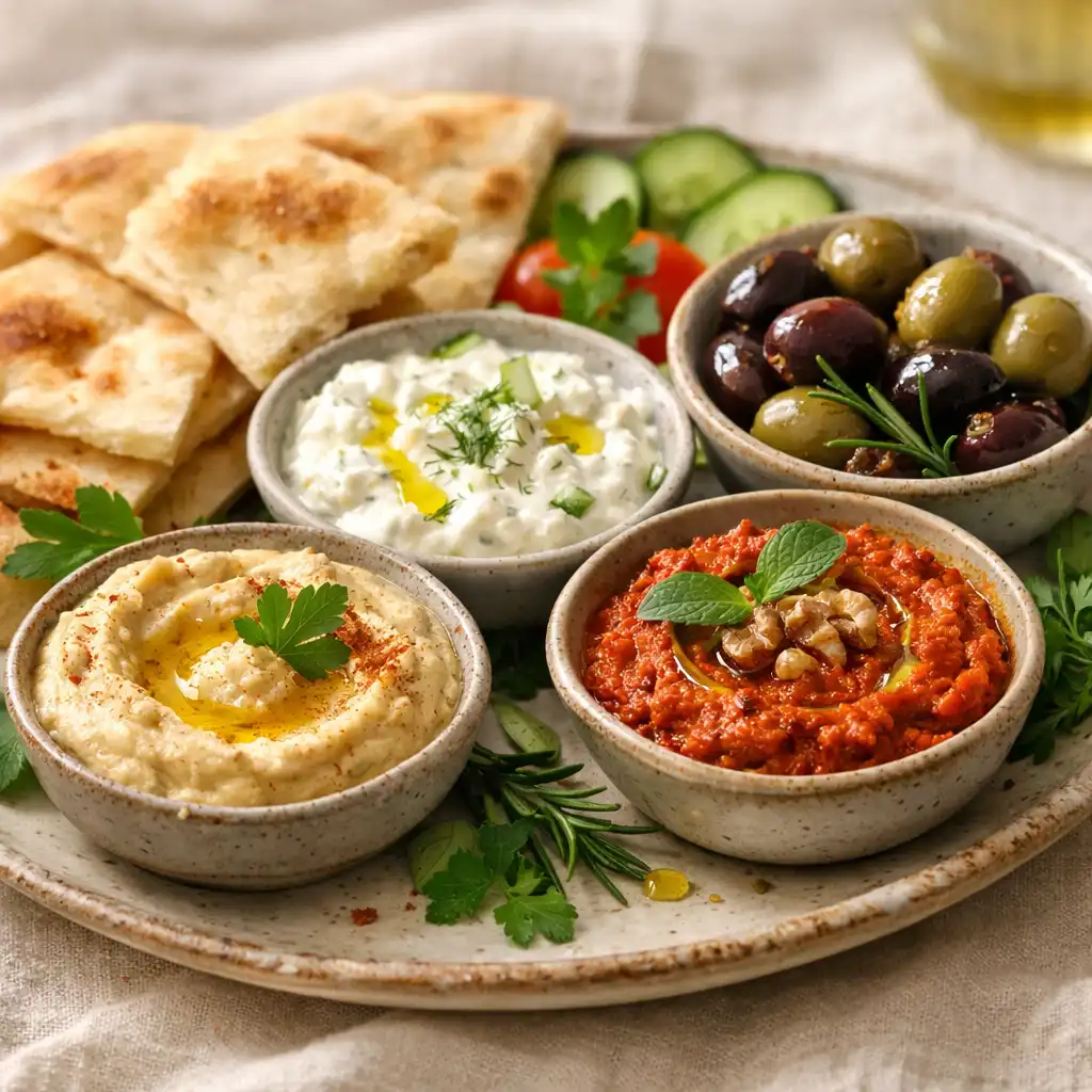 Mezze platter with dips, olives, and warm flatbread