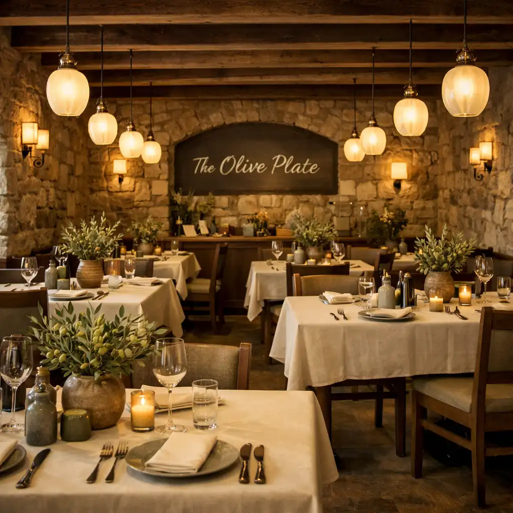 Stone and timber dining room with pendant lighting and olive branches
