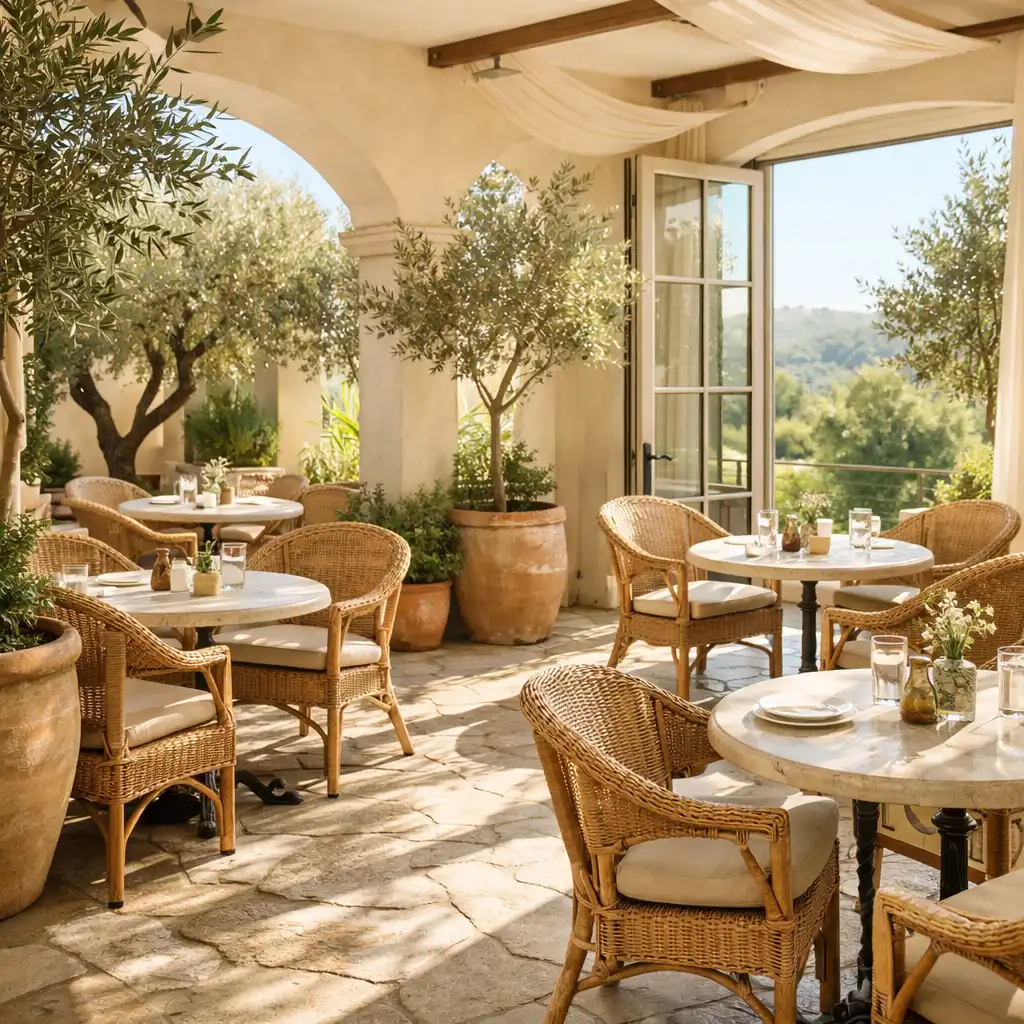 Interior terrace with potted olive trees, stone flooring, and wicker chairs in natural sunlight