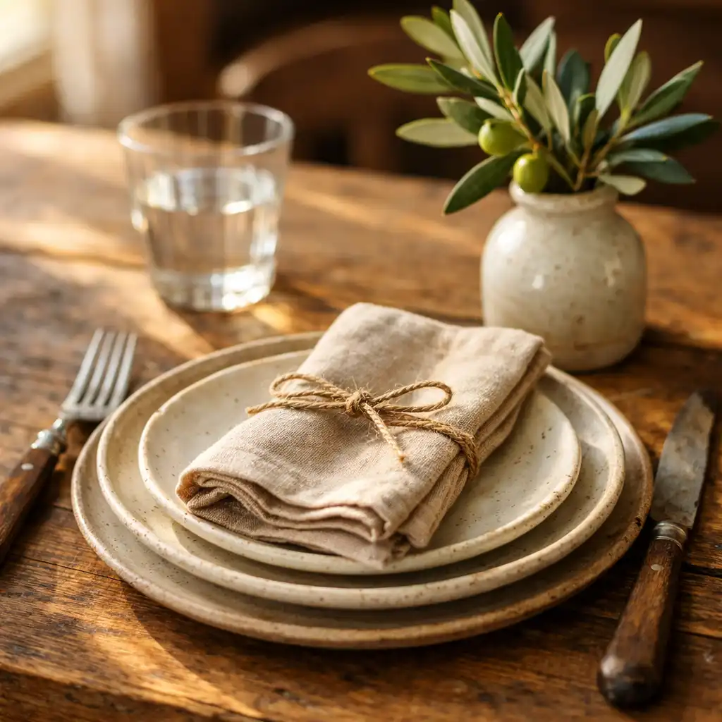 Close-up of a timber table set with ceramic plates and olive branches in warm sunlight